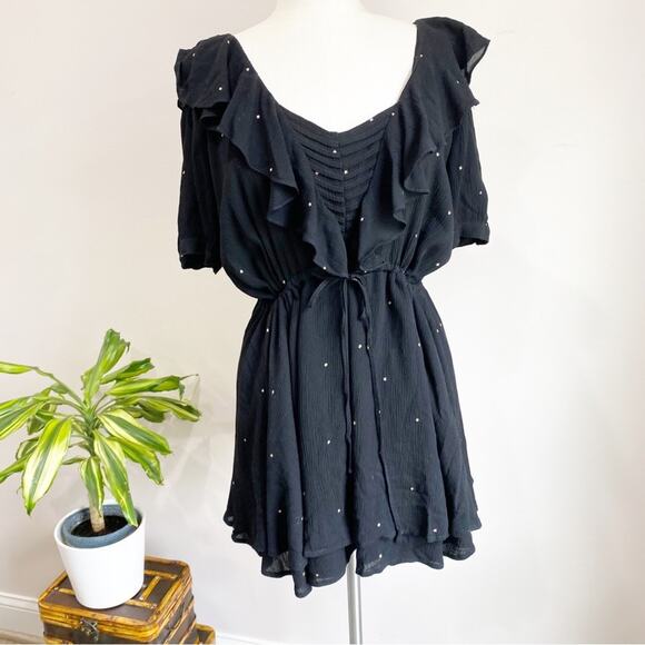 For Love & Lemons Disco Baby Black Ruffle Gold Star Mini Dress Size Small - Picture 10 of 10